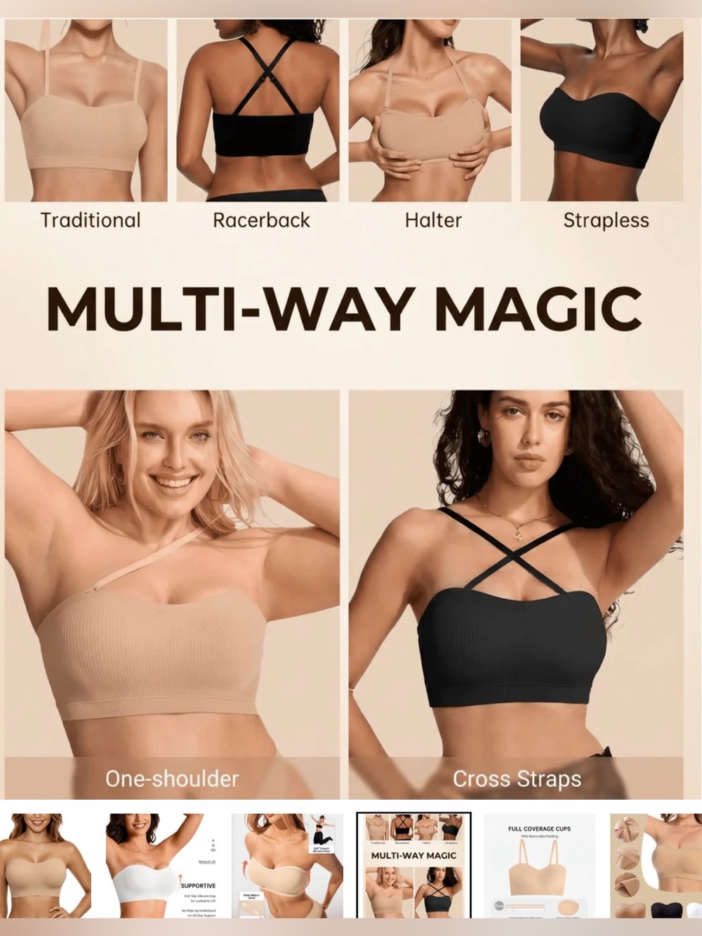 Multi-Way Seamless Convertible Bandeau Bra - Nude/Black/White (Set of 3)
